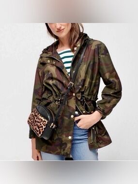 J. Crew Rain Jacket Coat Camo Camouflage Utility Hood Cinch Waste 0 2 4 XS